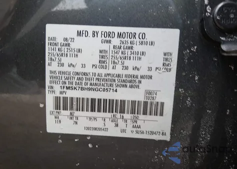 2022 Ford Explorer z USA, uszkodzony, nr VIN 1FMSK7BH9NGC05714